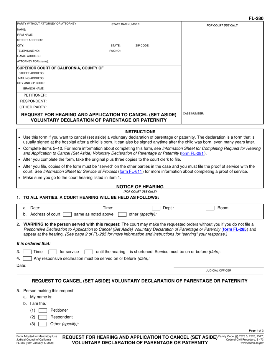 Form FL-280 Request for Hearing and Application to Cancel (Set Aside) Voluntary Declaration of Parentage or Paternity - California, Page 1