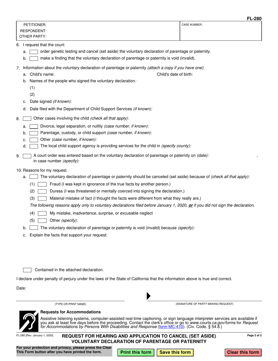 Form FL-280 Request for Hearing and Application to Cancel (Set Aside) Voluntary Declaration of Parentage or Paternity - California, Page 2