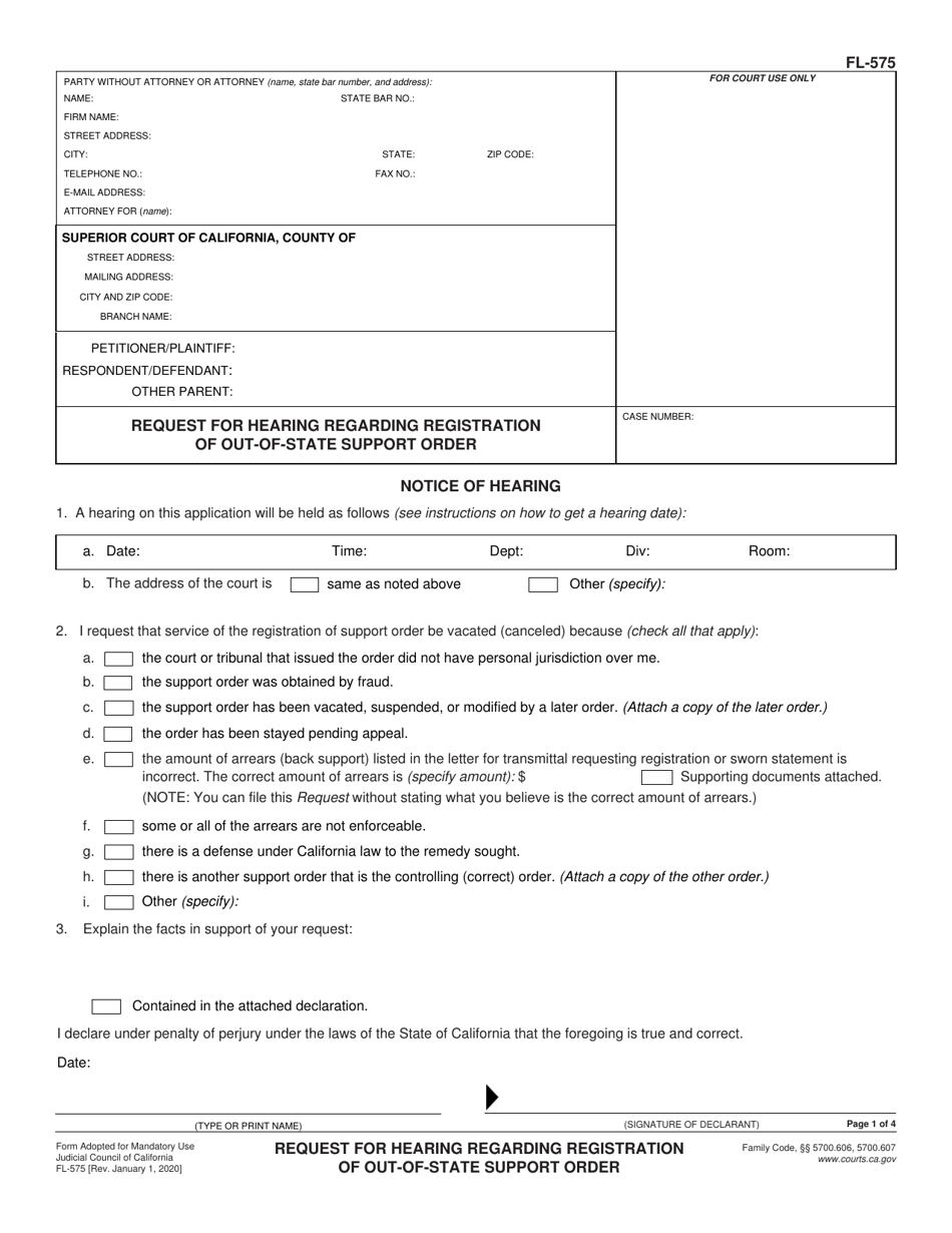 Form FL-575 Request for Hearing Regarding Registration of Out-of-State Support Order - California, Page 1