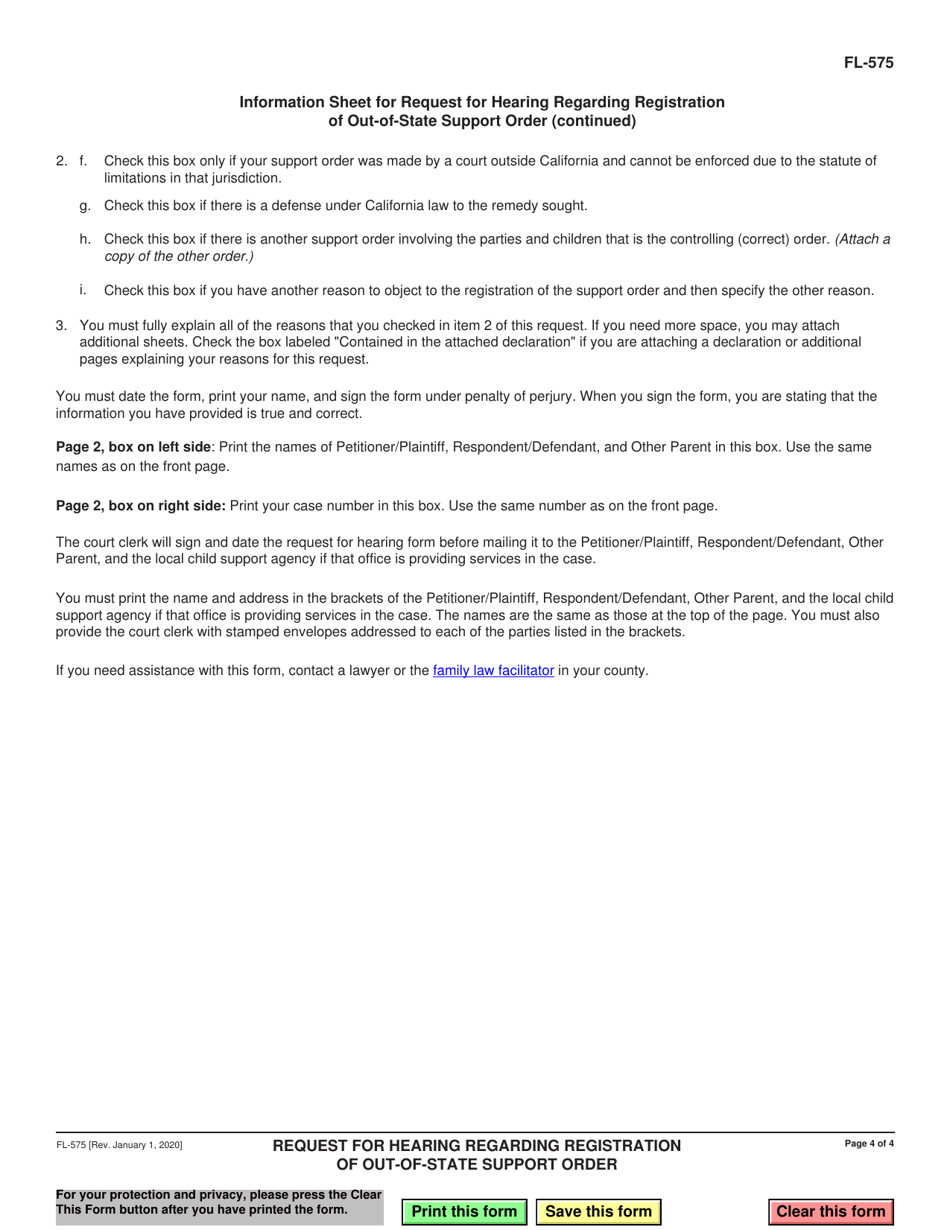 Form FL-575 Request for Hearing Regarding Registration of Out-of-State Support Order - California, Page 4