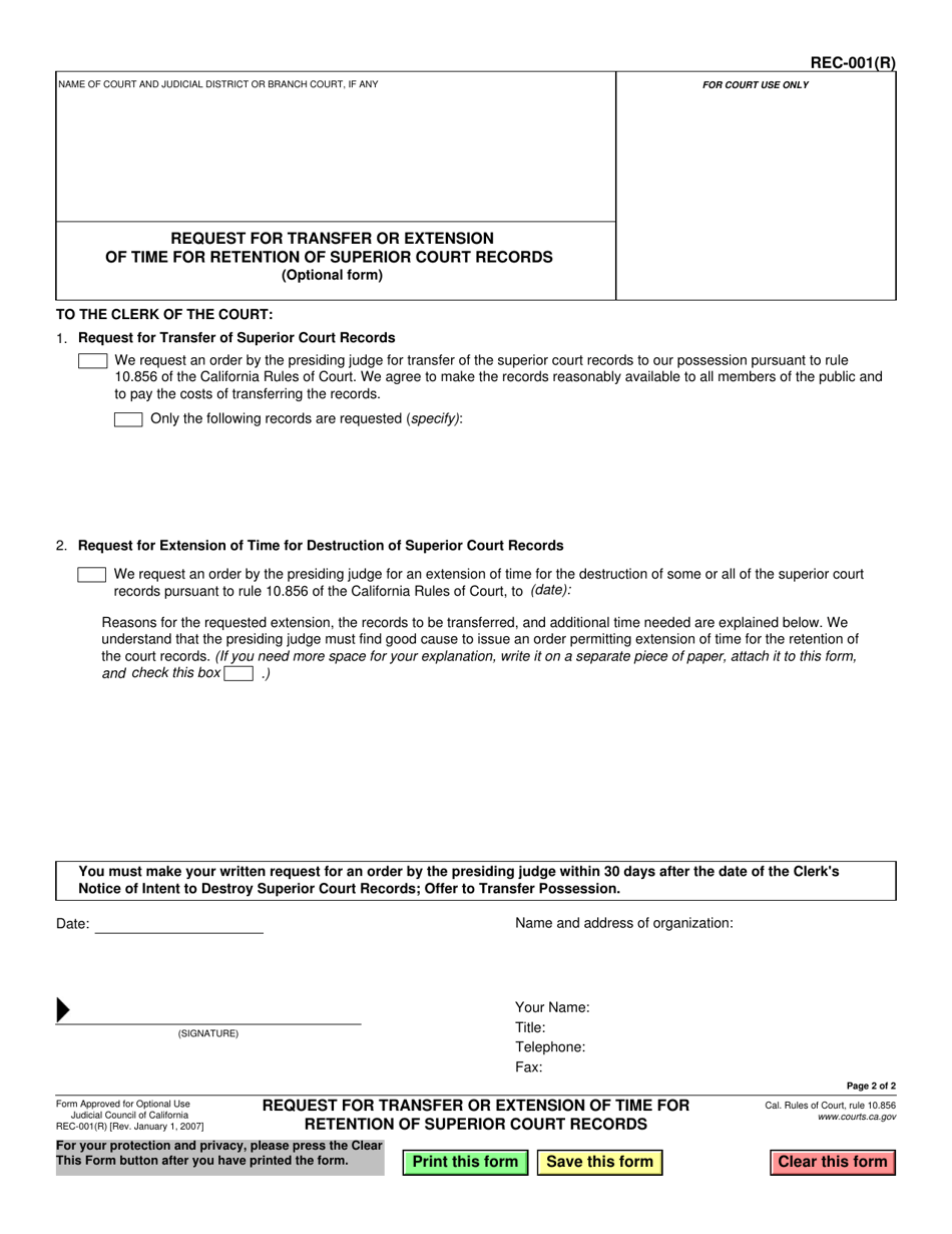 Form REC-001(R) Request for Transfer or Extension of Time for Retention of Superior Court Records - California, Page 1