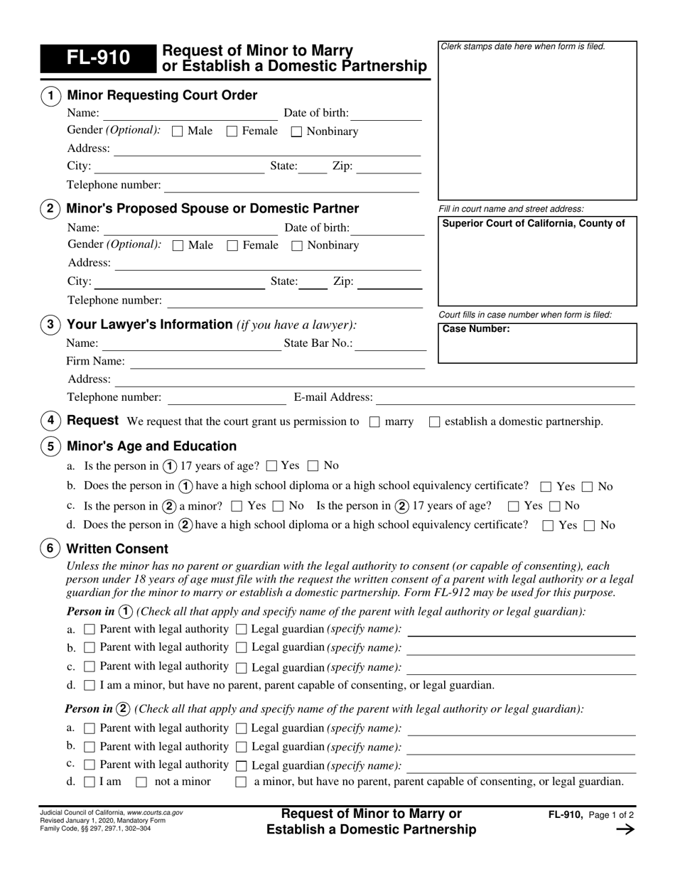 Form FL-910 Request of Minor to Marry or Establish a Domestic Partnership - California, Page 1