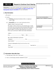 Document preview: Form SV-115 Request to Continue Court Hearing (Temporary Restraining Order) (Private Postsecondary School Violence Prevention) - California