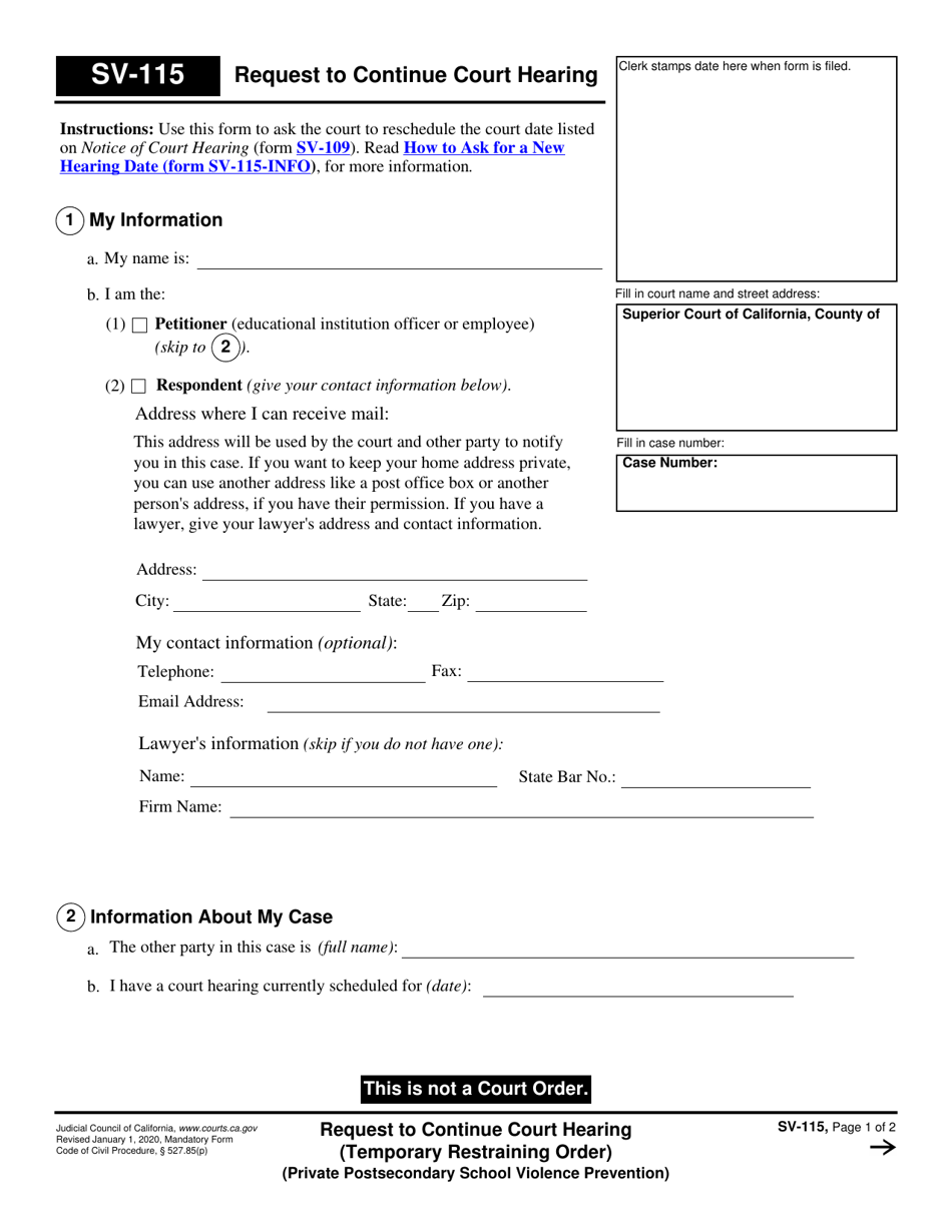 Form SV-115 Request to Continue Court Hearing (Temporary Restraining Order) (Private Postsecondary School Violence Prevention) - California, Page 1