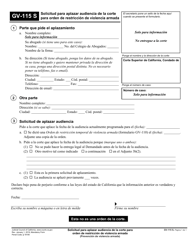 Document preview: Formulario GV-115 S Solicitud Para Aplazar Audiencia De La Corte Para Orden De Restriccion De Violencia Armada - California (Spanish)