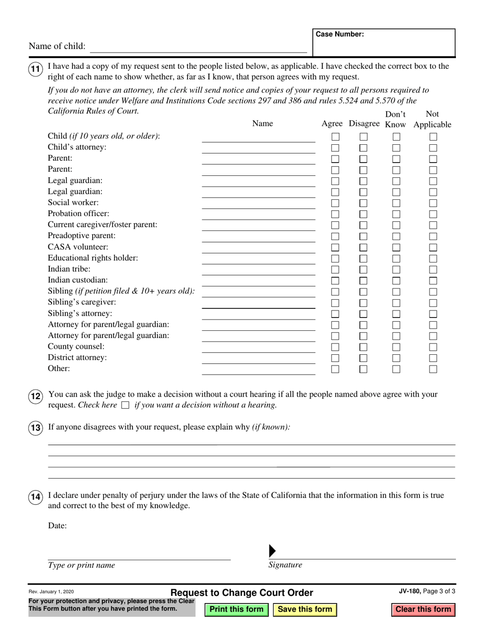 Form JV-180 Request to Change Court Order - California, Page 3