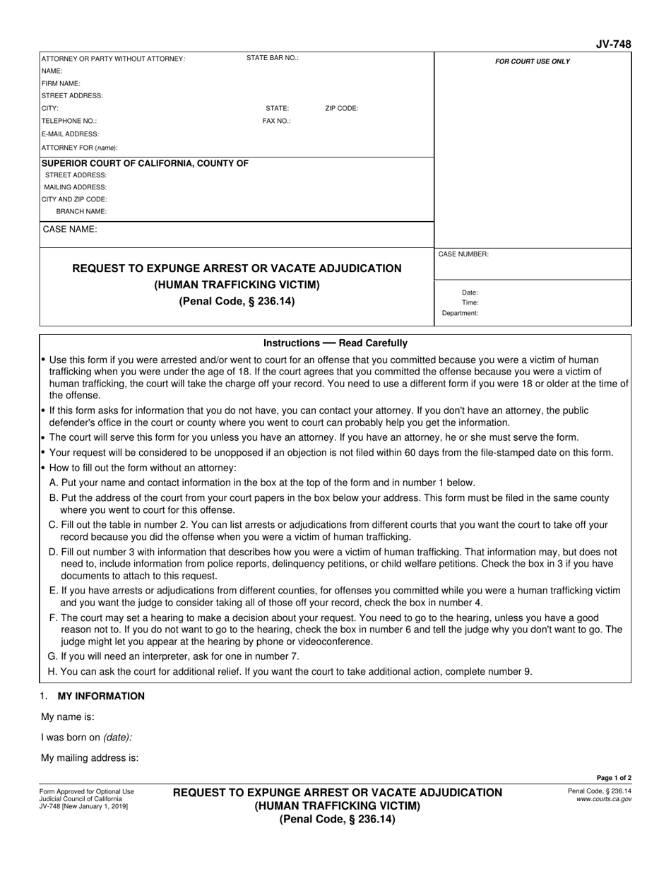 Form JV-748 Request to Expunge Arrest or Vacate Adjudication (Human Trafficking Victim) (Penal Code, 236.14) - California, Page 1