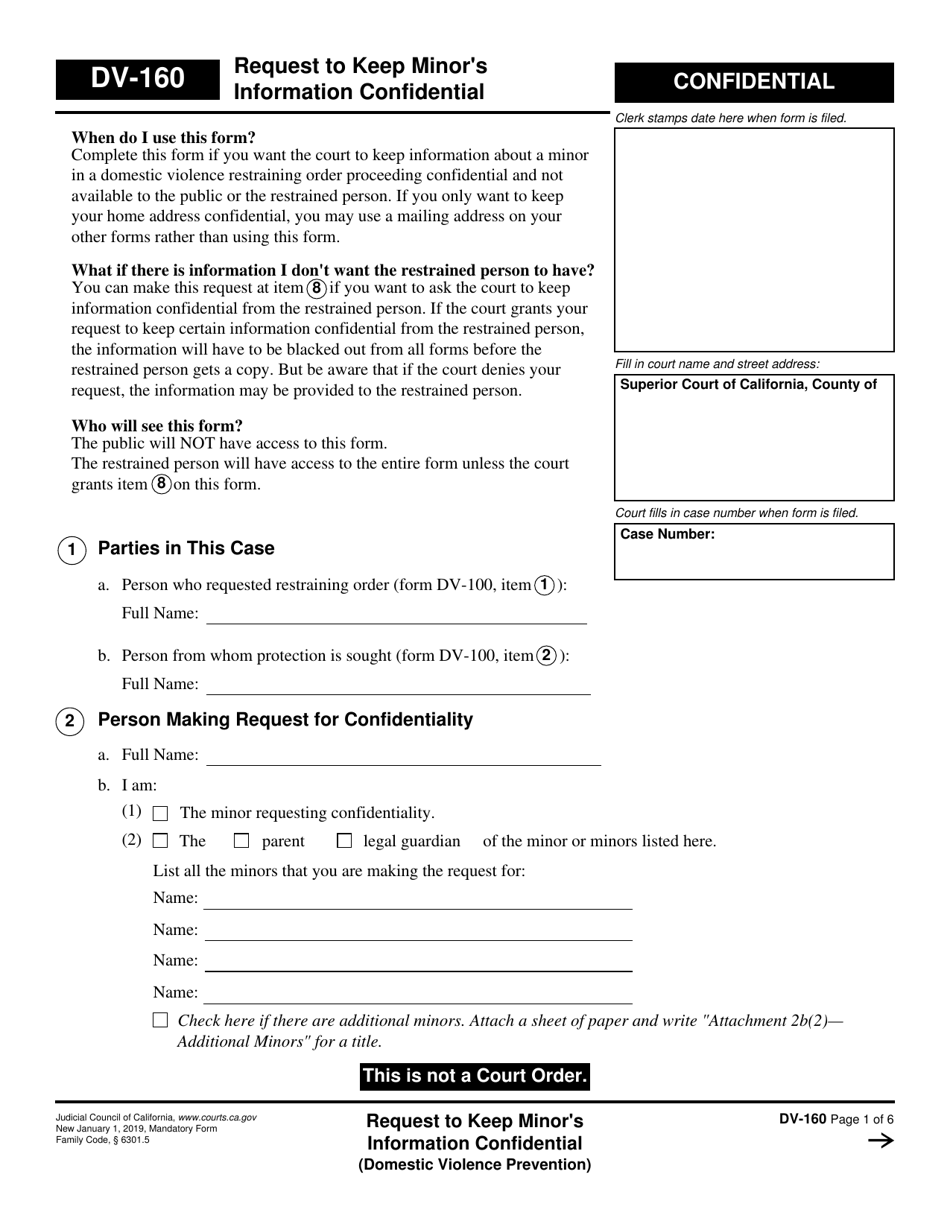 Form DV-160 Request to Keep Minors Information Confidential (Domestic Violence Prevention) - California, Page 1