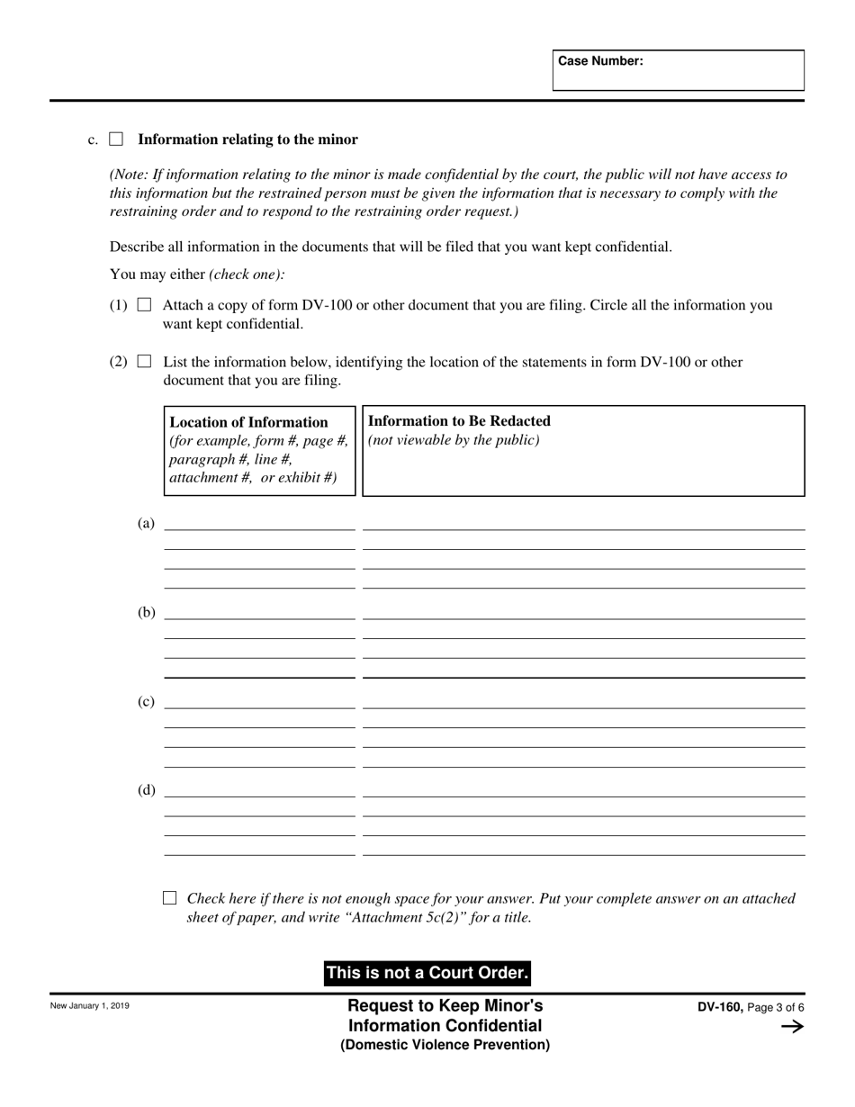 Form DV-160 Request to Keep Minors Information Confidential (Domestic Violence Prevention) - California, Page 3