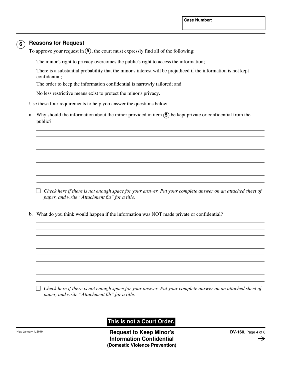 Form DV-160 Request to Keep Minors Information Confidential (Domestic Violence Prevention) - California, Page 4