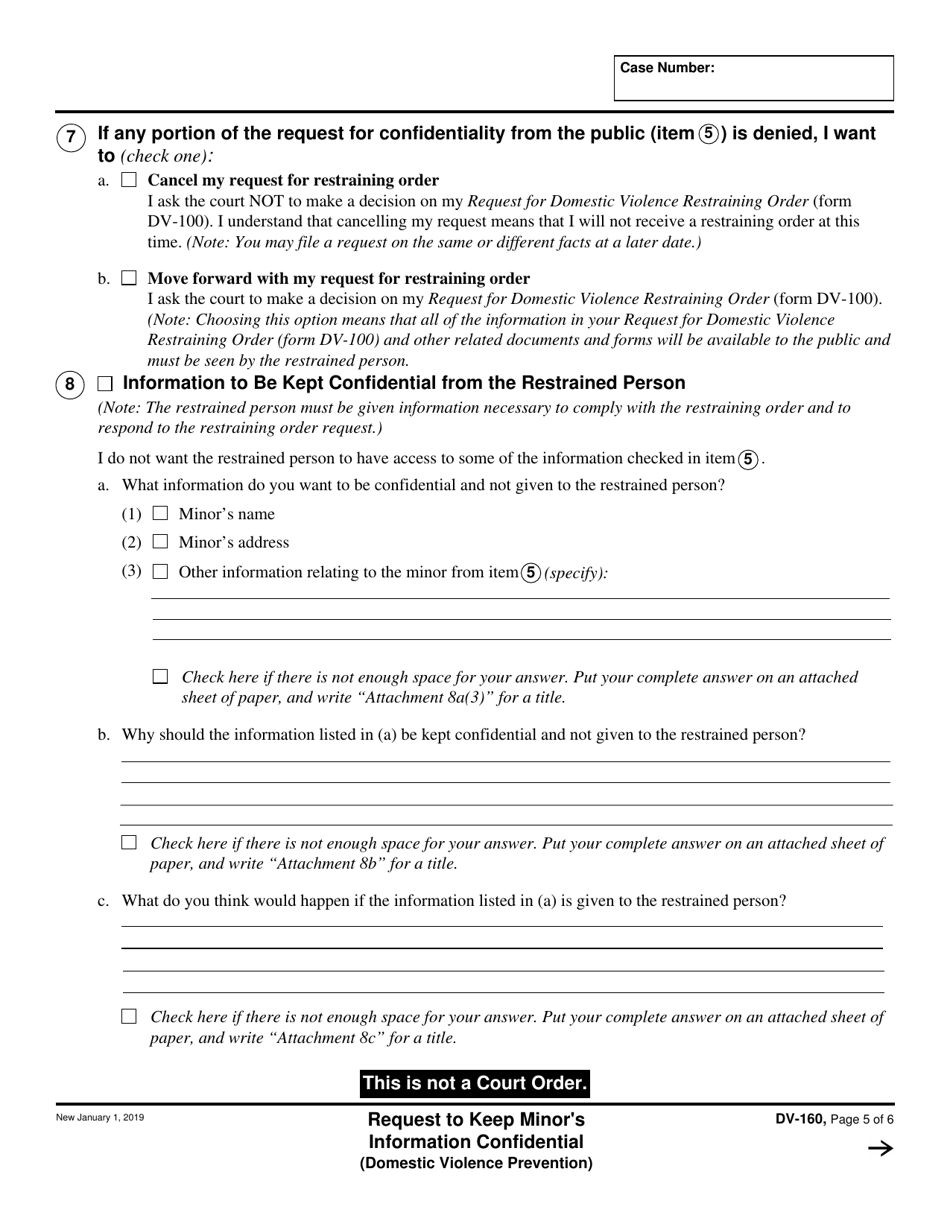 Form DV-160 Request to Keep Minors Information Confidential (Domestic Violence Prevention) - California, Page 5