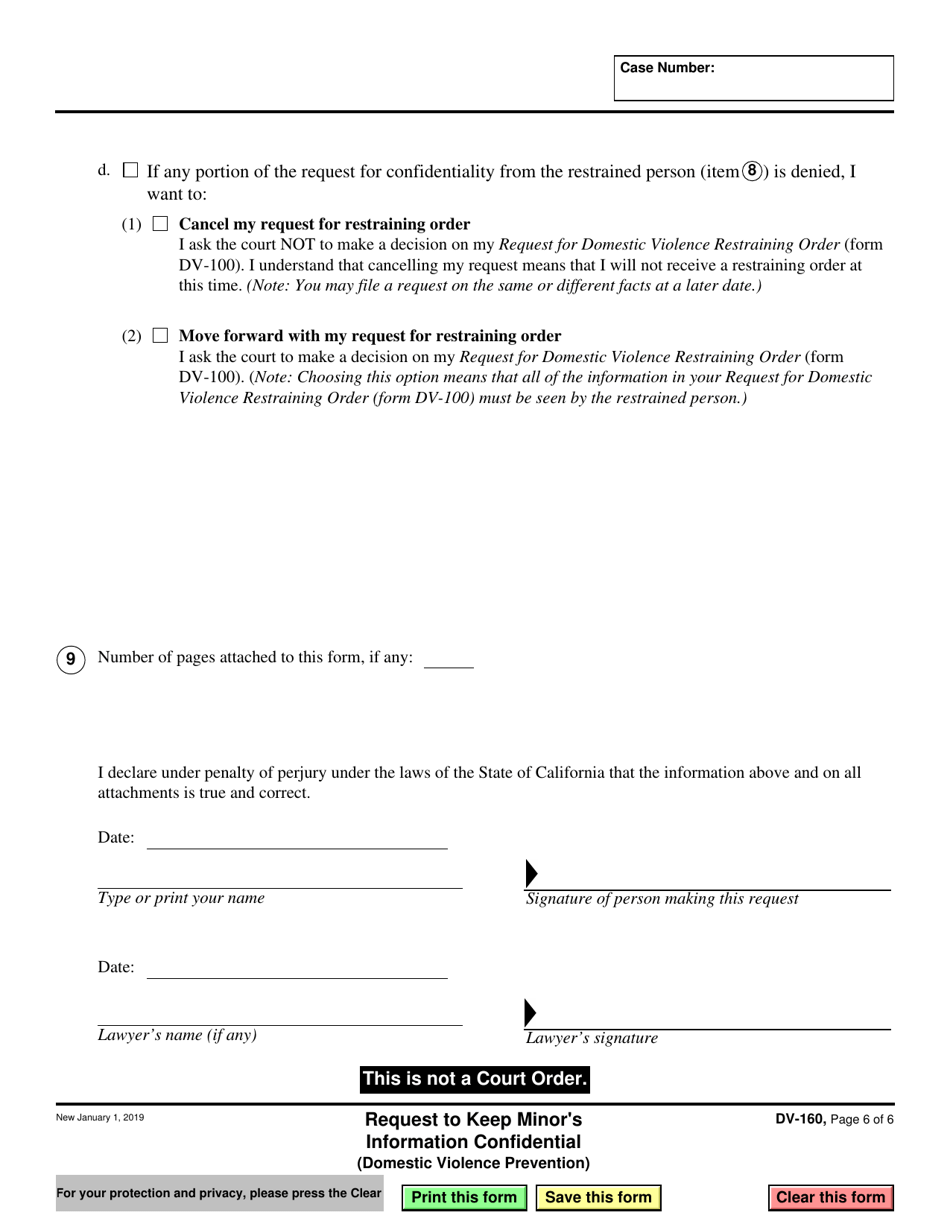 Form DV-160 Request to Keep Minors Information Confidential (Domestic Violence Prevention) - California, Page 6