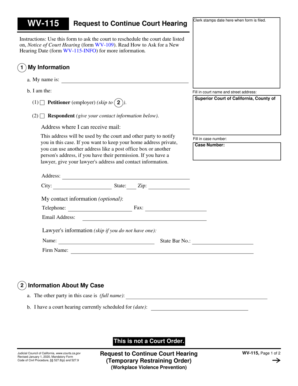 Form WV-115 Request to Continue Court Hearing (Temporary Restraining Order) (Workplace Violence Prevention) - California, Page 1