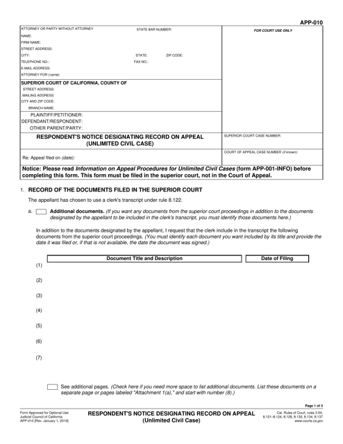 Form APP-010 Respondent's Notice Designating Record on Appeal (Unlimited Civil Case) - California