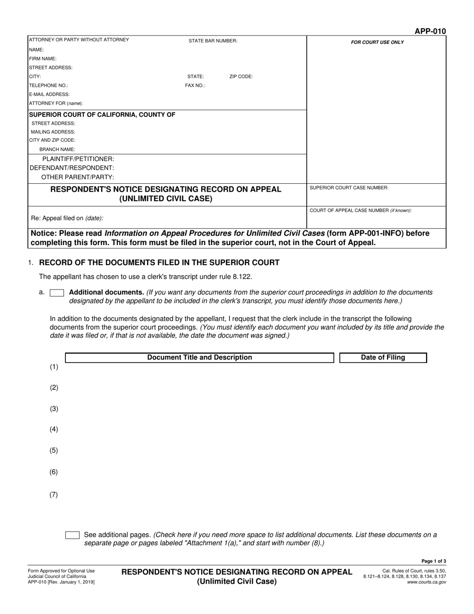 Form APP-010 Respondents Notice Designating Record on Appeal (Unlimited Civil Case) - California, Page 1