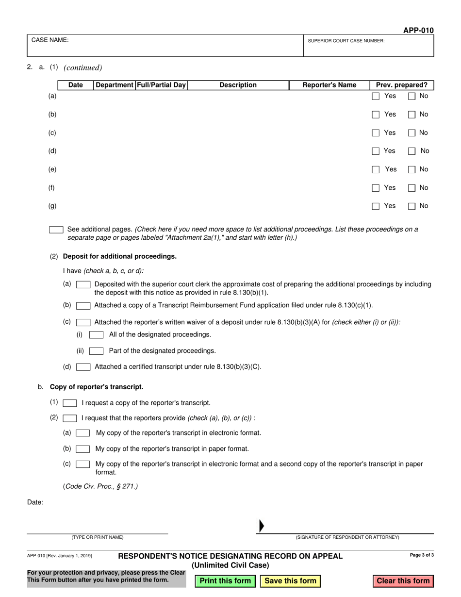 Form APP-010 Respondents Notice Designating Record on Appeal (Unlimited Civil Case) - California, Page 3
