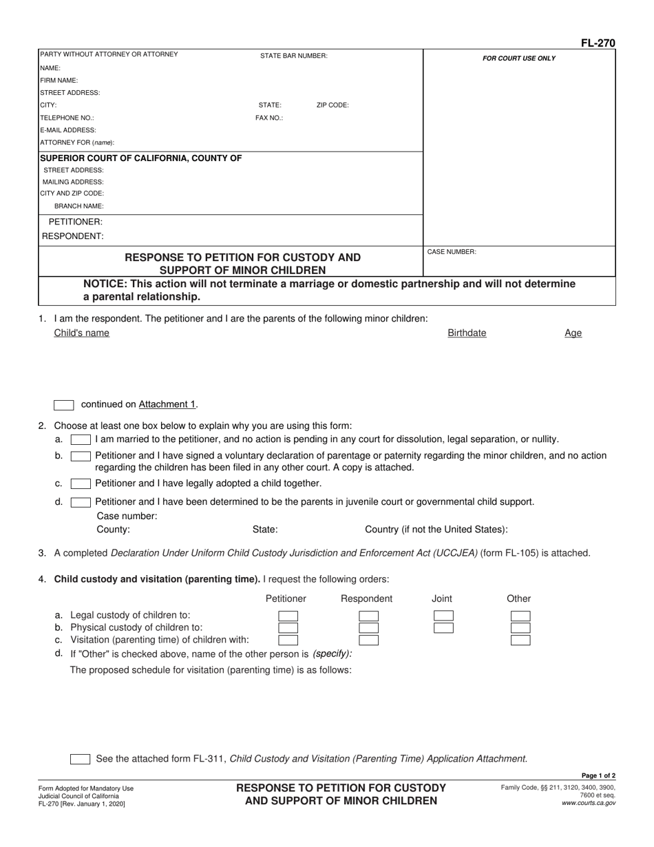 Form FL-270 Response to Petition for Custody and Support of Minor Children - California, Page 1