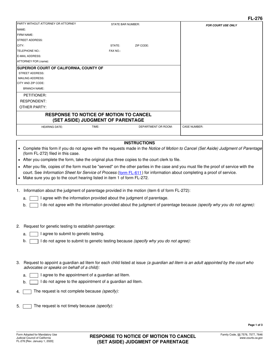 Form FL-276 Download Fillable PDF or Fill Online Response to Notice of ...