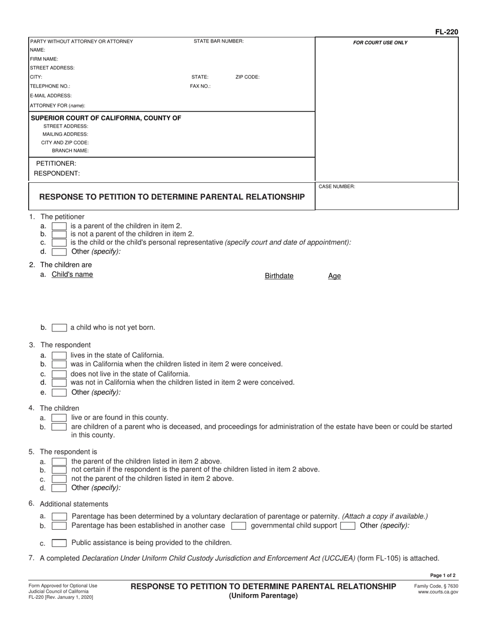 Form FL-220 Response to Petition to Determine Parental Relationship (Uniform Parentage) - California, Page 1