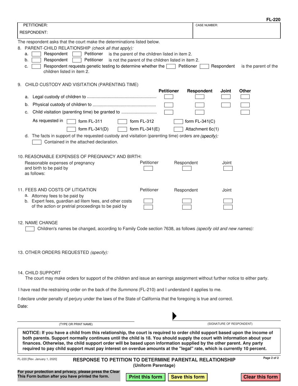 Form FL-220 Response to Petition to Determine Parental Relationship (Uniform Parentage) - California, Page 2
