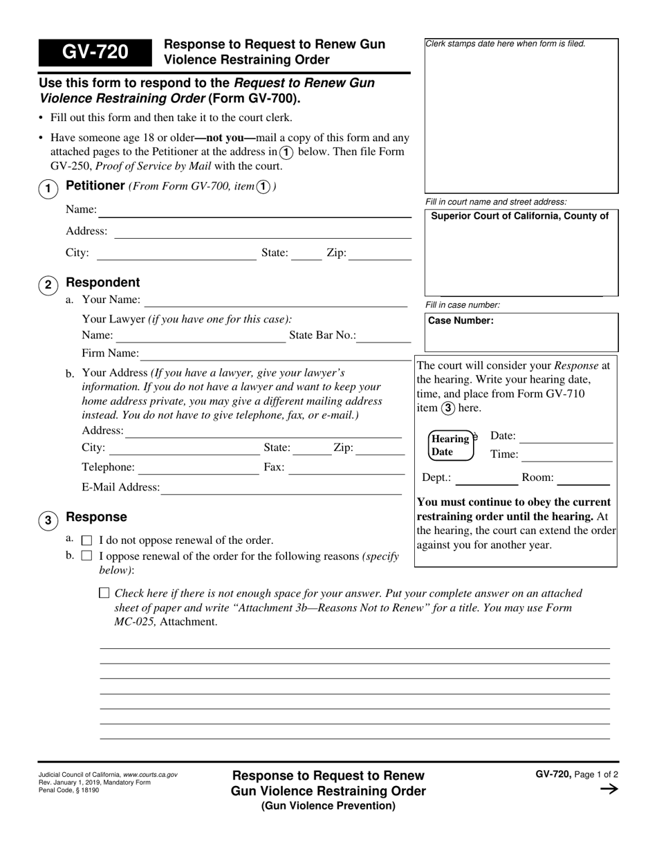 Form GV-720 Response to Request to Renew Gun Violence Restraining Order - California, Page 1