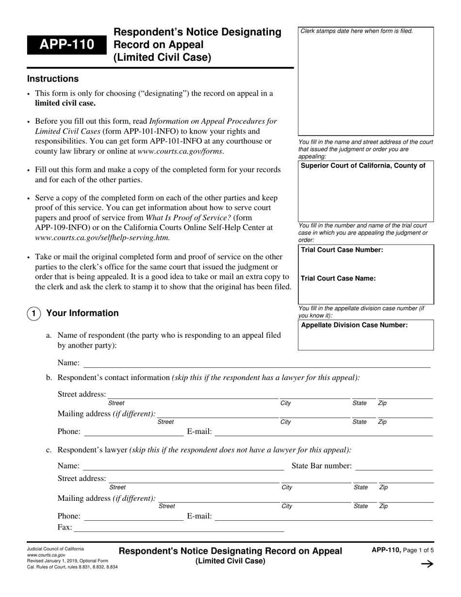 Form APP-110 Respondents Notice Designating Record on Appeal (Limited Civil Case) - California, Page 1