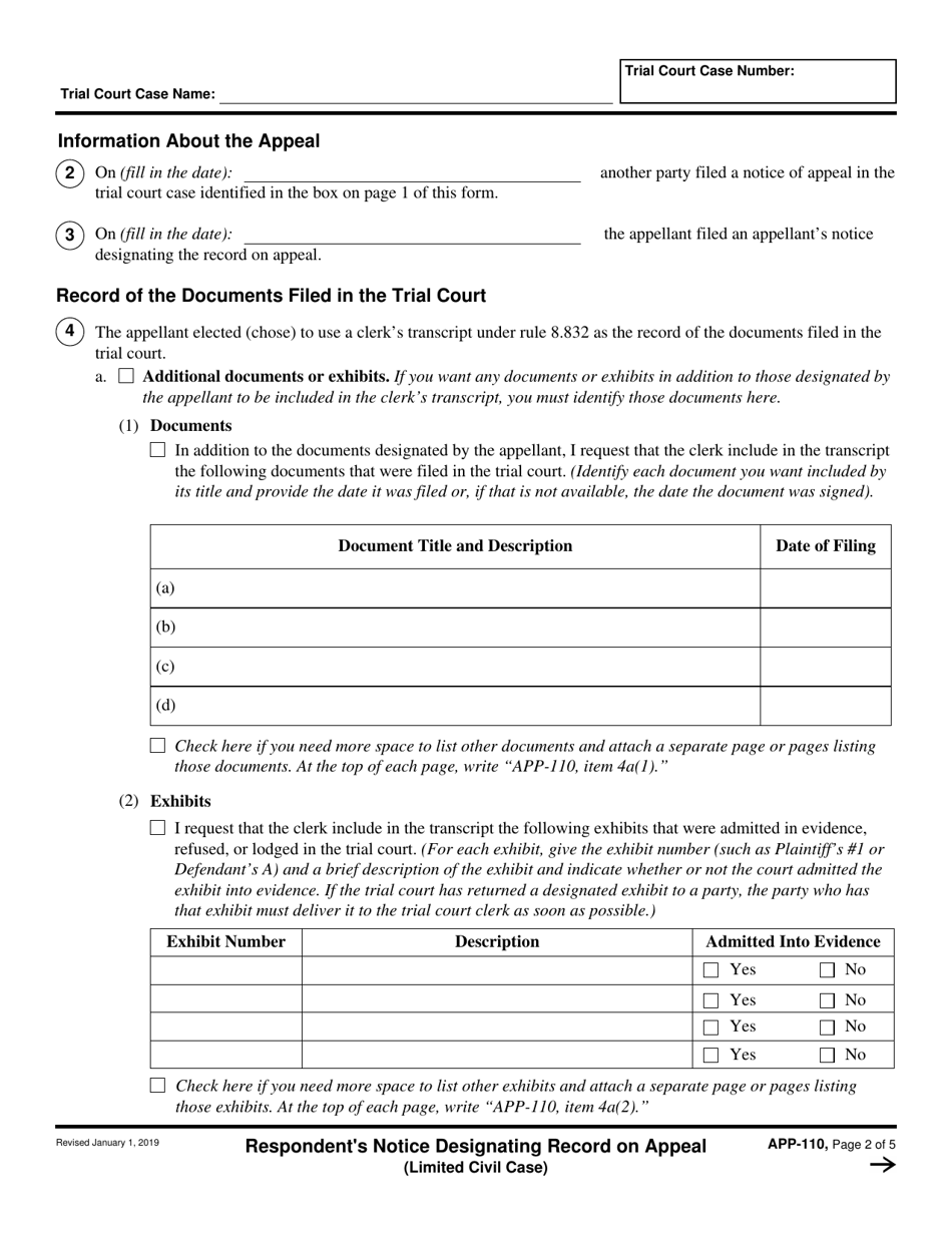 Form APP-110 Respondents Notice Designating Record on Appeal (Limited Civil Case) - California, Page 2