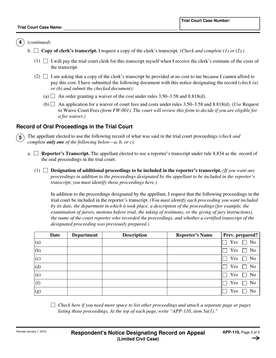 Form APP-110 Respondents Notice Designating Record on Appeal (Limited Civil Case) - California, Page 3