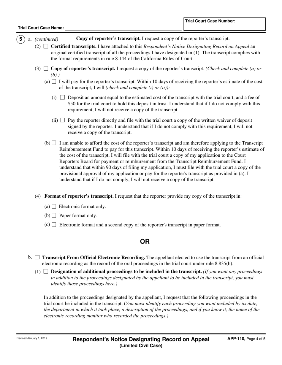 Form APP-110 Respondents Notice Designating Record on Appeal (Limited Civil Case) - California, Page 4