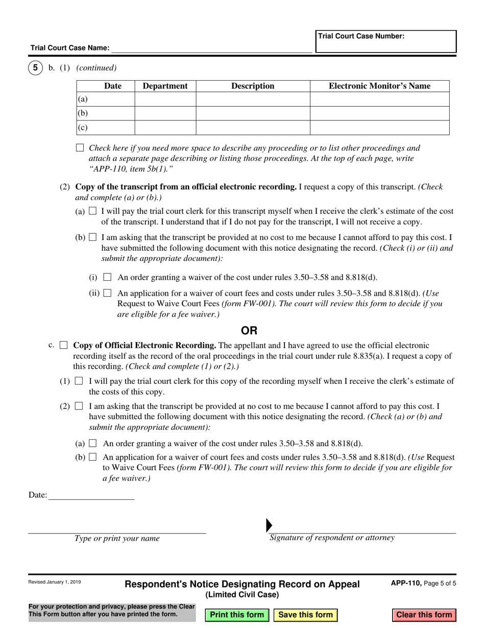 Form APP-110 Respondents Notice Designating Record on Appeal (Limited Civil Case) - California, Page 5