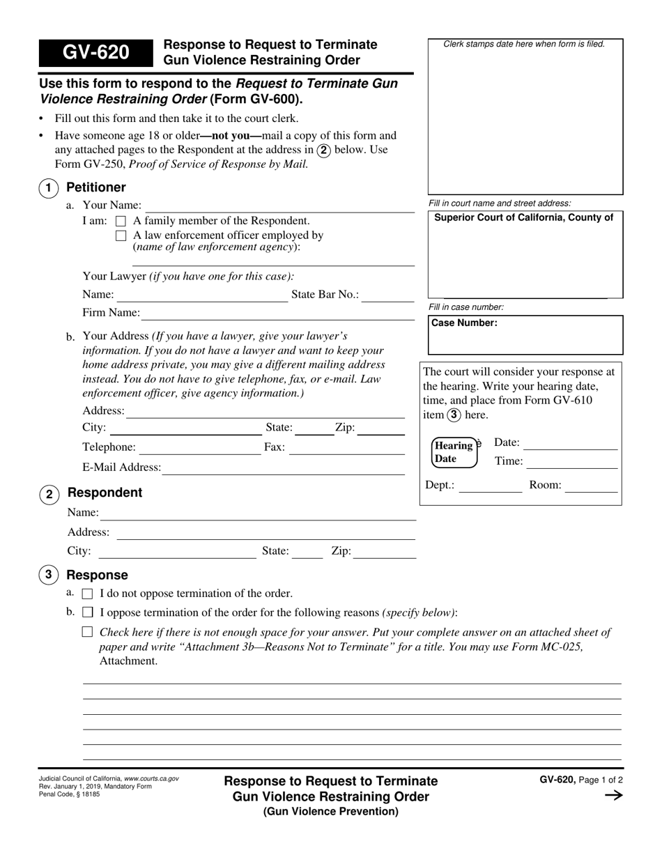 Form GV-620 Download Fillable PDF or Fill Online Response to Request to ...