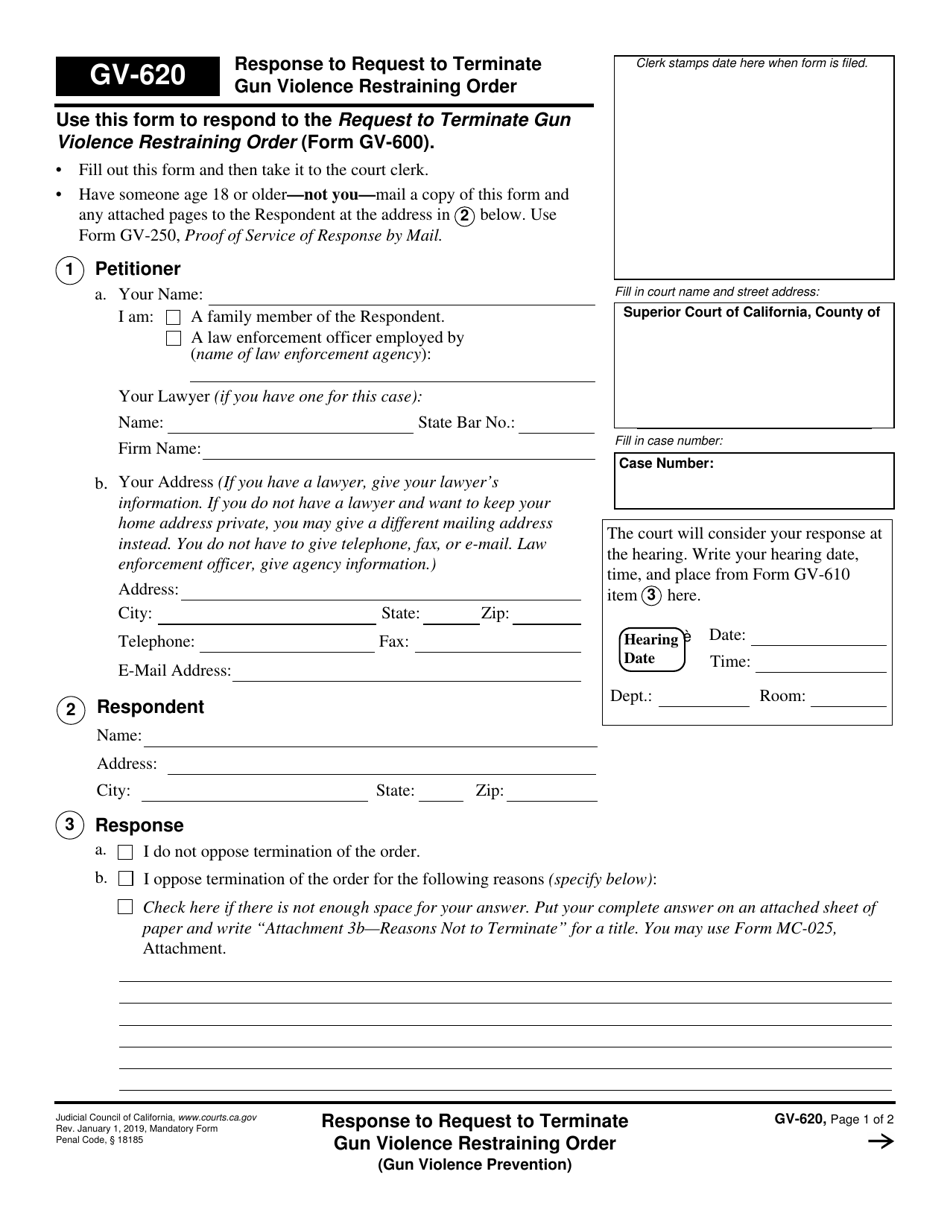 Form GV-620 Response to Request to Terminate Gun Violence Restraining Order - California, Page 1