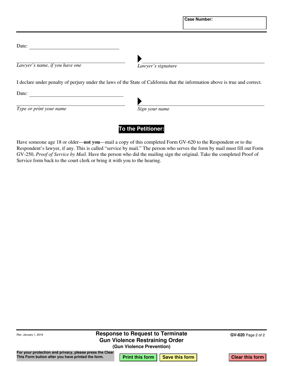 Form GV-620 Response to Request to Terminate Gun Violence Restraining Order - California, Page 2