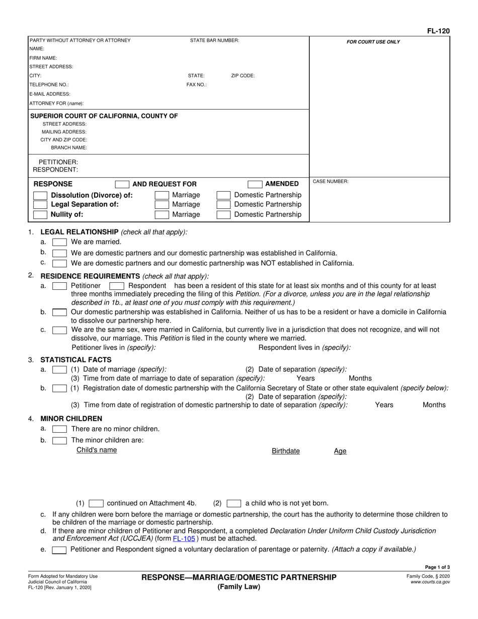 Form Fl 120 Download Fillable Pdf Or Fill Online Response Marriagedomestic Partnership 3130