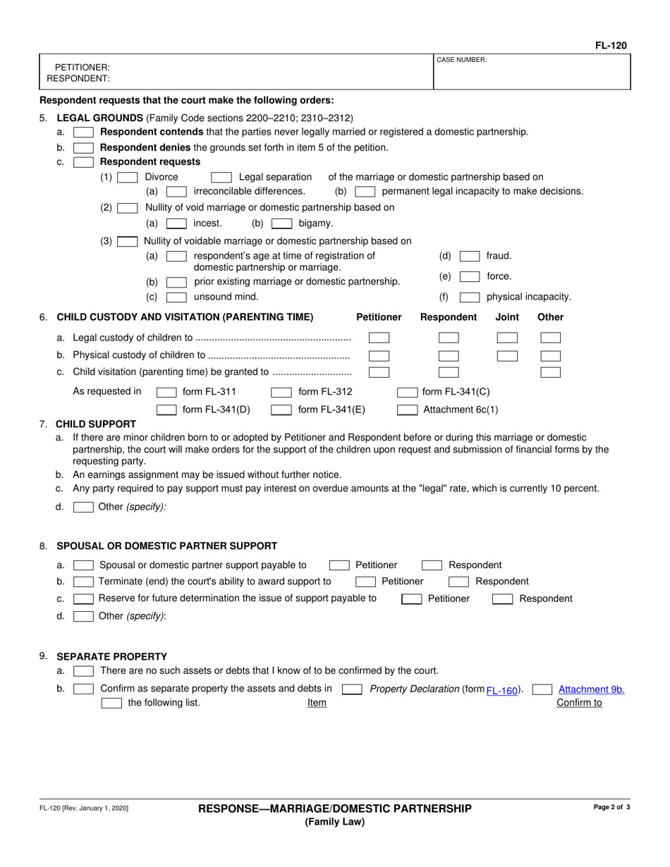 Form FL-120 Download Fillable PDF or Fill Online Response - Marriage ...