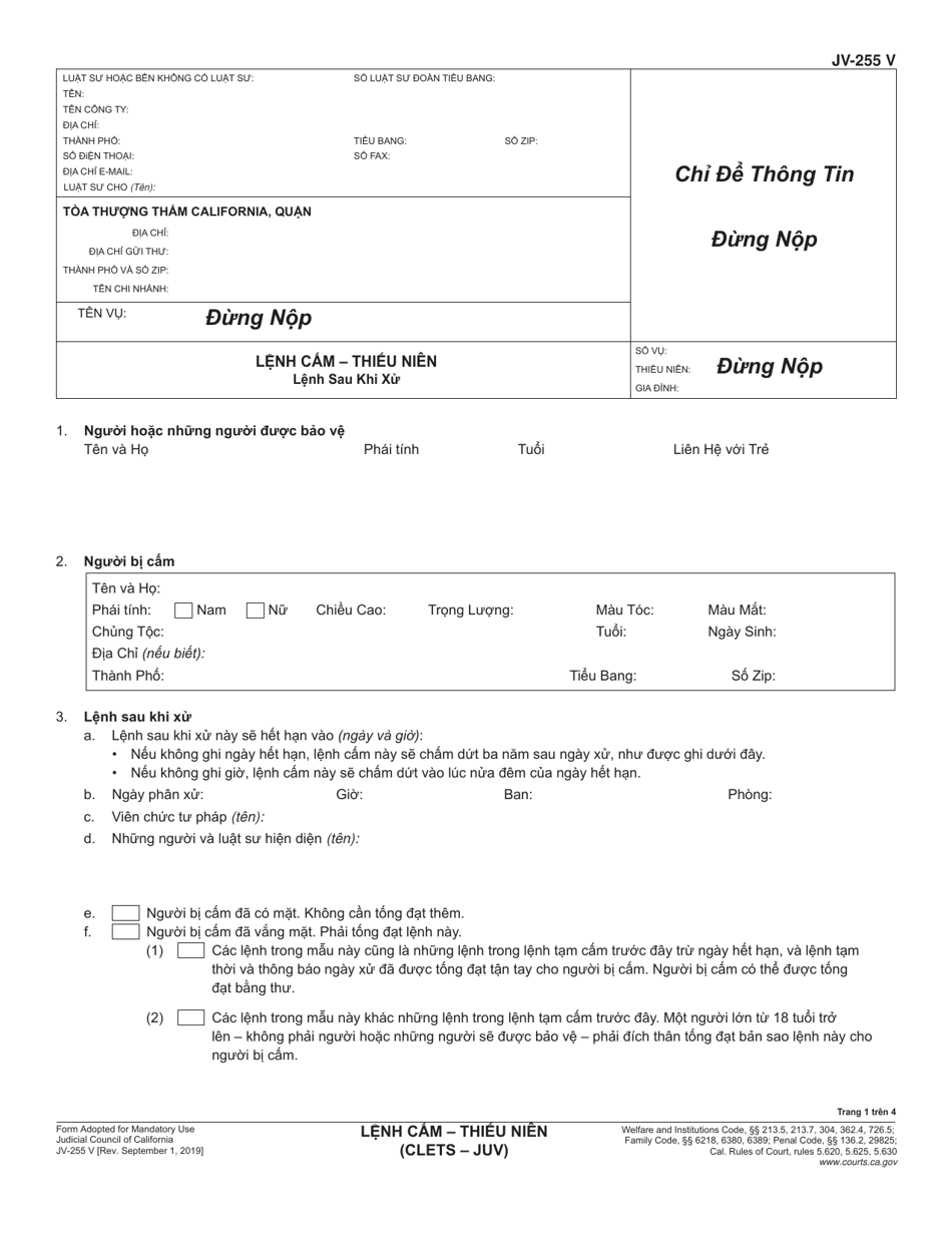 Form JV-255 V Restraining Order - Juvenile (Clets-Juv) - California (Vietnamese), Page 1