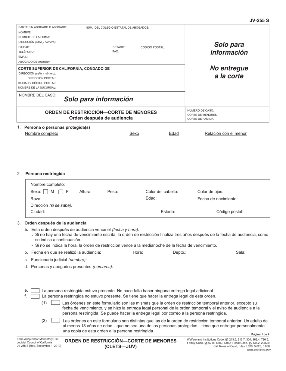 Formulario JV-255 S Orden De Restriccion - Corte De Menores (Clets-Juv) - California (Spanish), Page 1