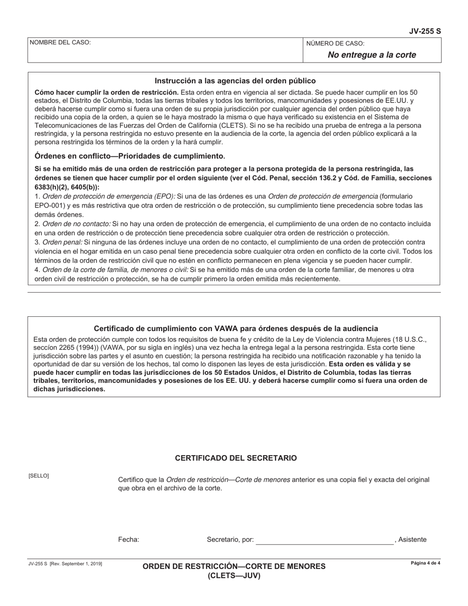 Formulario JV-255 S Orden De Restriccion - Corte De Menores (Clets-Juv) - California (Spanish), Page 4