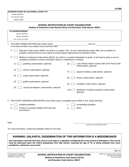 Form JV-690 School Notification of Court Adjudication (Welf. & Inst. Code Section 827(B)) - California