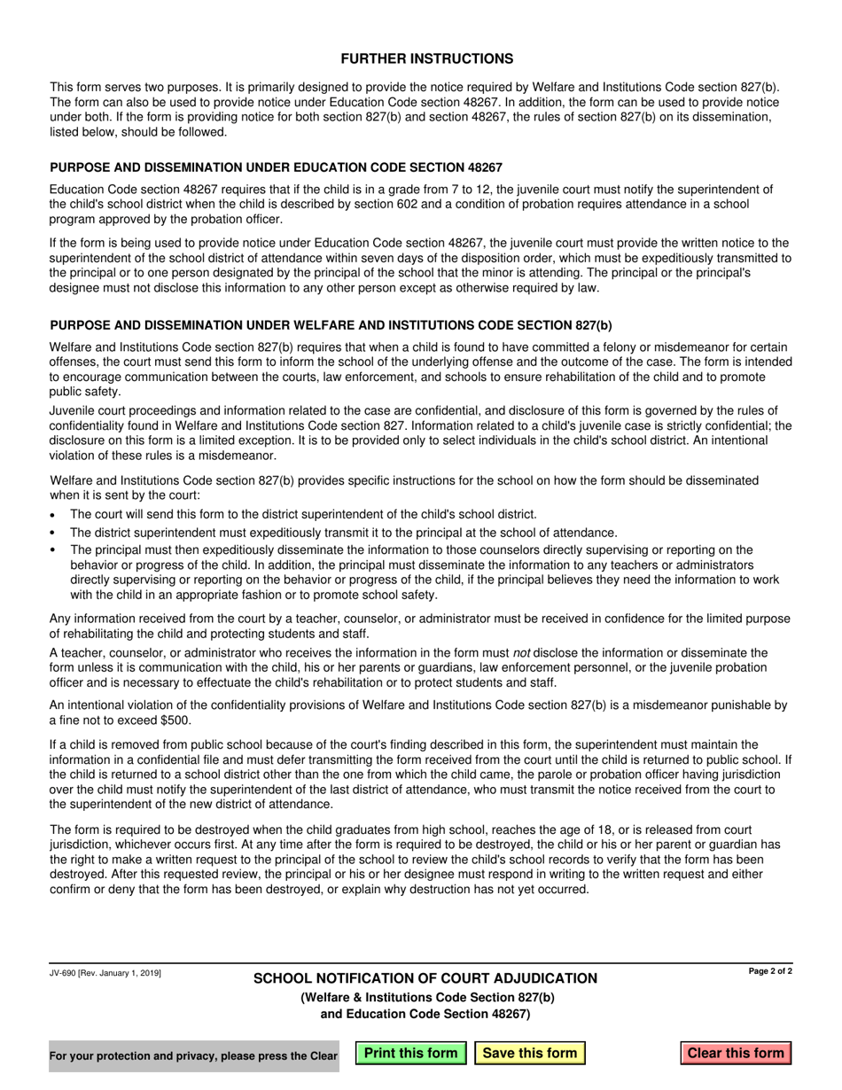 Form JV-690 School Notification of Court Adjudication (Welf.  Inst. Code Section 827(B)) - California, Page 2