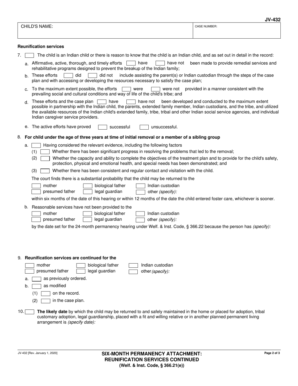 Form JV-432 Download Fillable PDF Or Fill Online Six-Month Permanency ...