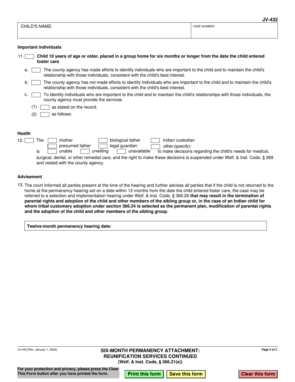 Form JV-432 Download Fillable PDF Or Fill Online Six-Month Permanency ...