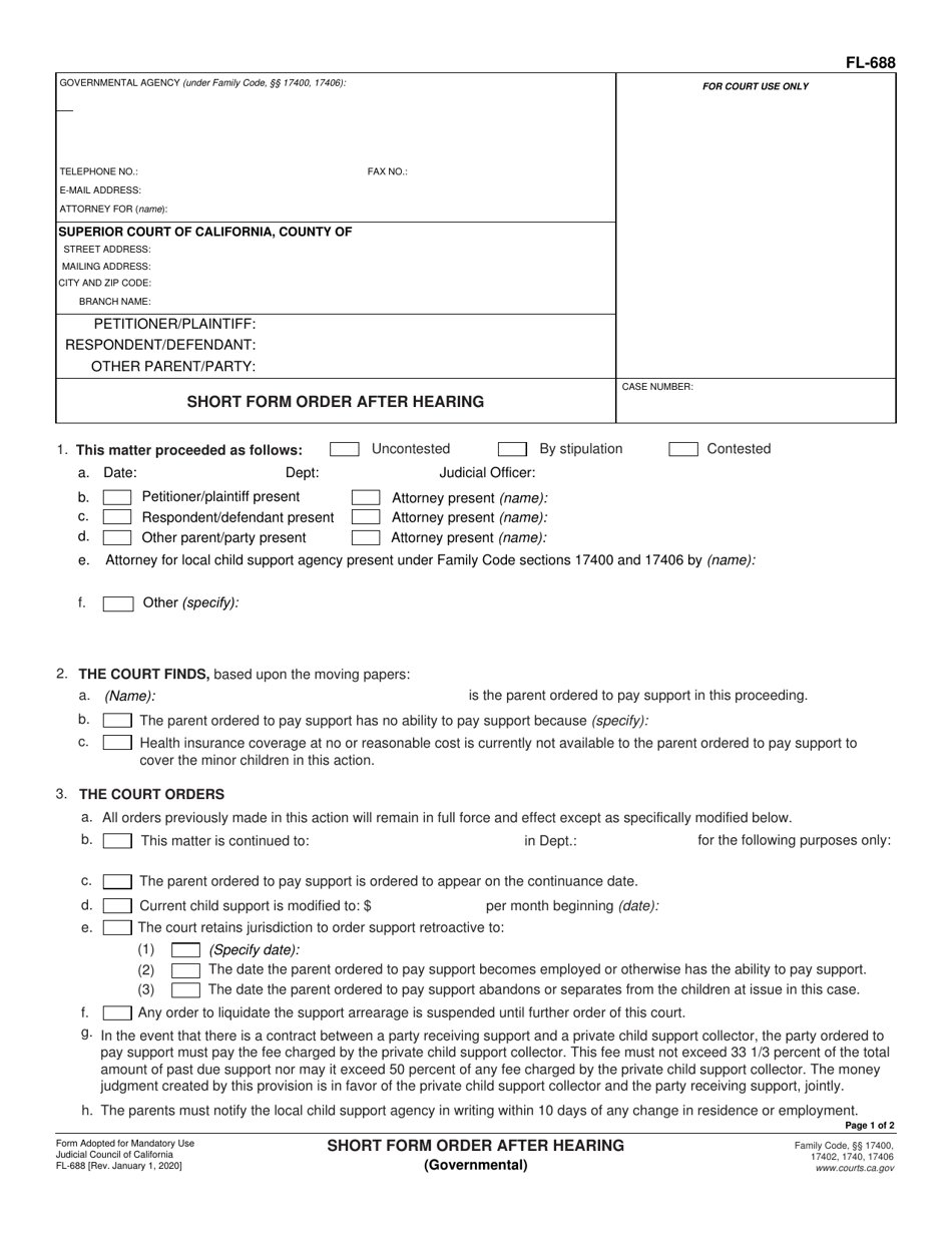 Form FL-688 Short Form Order After Hearing (Governmental) - California, Page 1