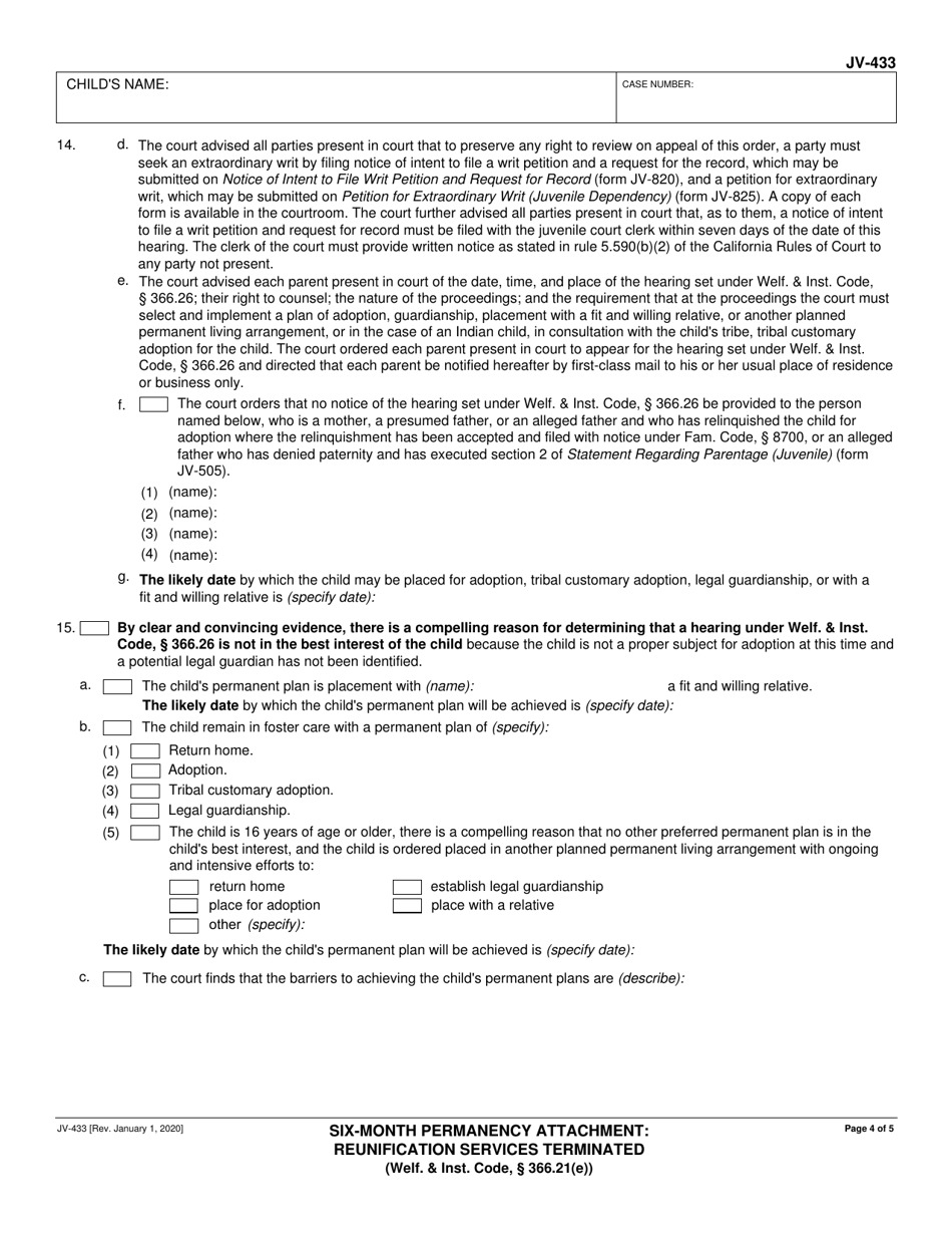 Form JV-433 Six-Month Permanency Attachment: Reunification Services Terminated (Welf.  Inst. Code, 366.21(E)) - California, Page 4