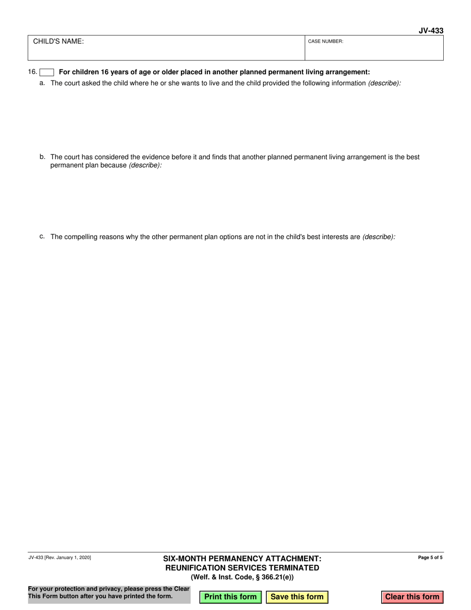 Form JV-433 Six-Month Permanency Attachment: Reunification Services Terminated (Welf.  Inst. Code, 366.21(E)) - California, Page 5