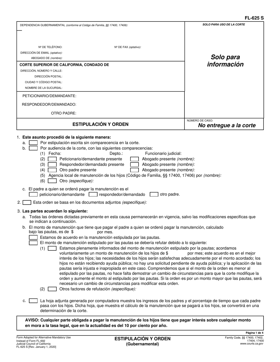 Formulario FL-625 S Estipulacion Y Orden (Gubernamental) - California (Spanish), Page 1
