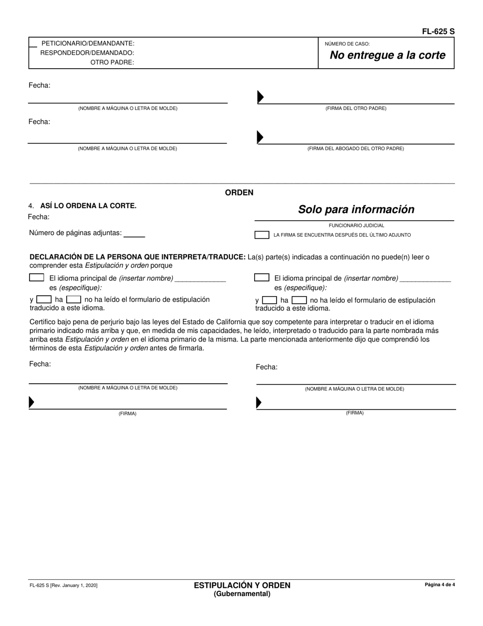 Formulario FL-625 S Estipulacion Y Orden (Gubernamental) - California (Spanish), Page 4