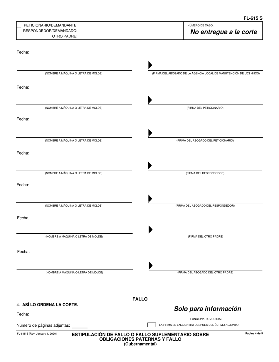 Formulario FL-615 S Publicacion Diferida Del Fallo Aviso De Incumplimiento - California (Spanish), Page 4