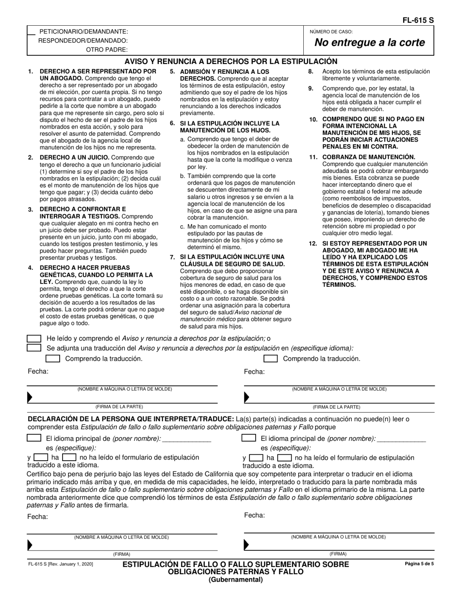 Formulario FL-615 S Publicacion Diferida Del Fallo Aviso De Incumplimiento - California (Spanish), Page 5