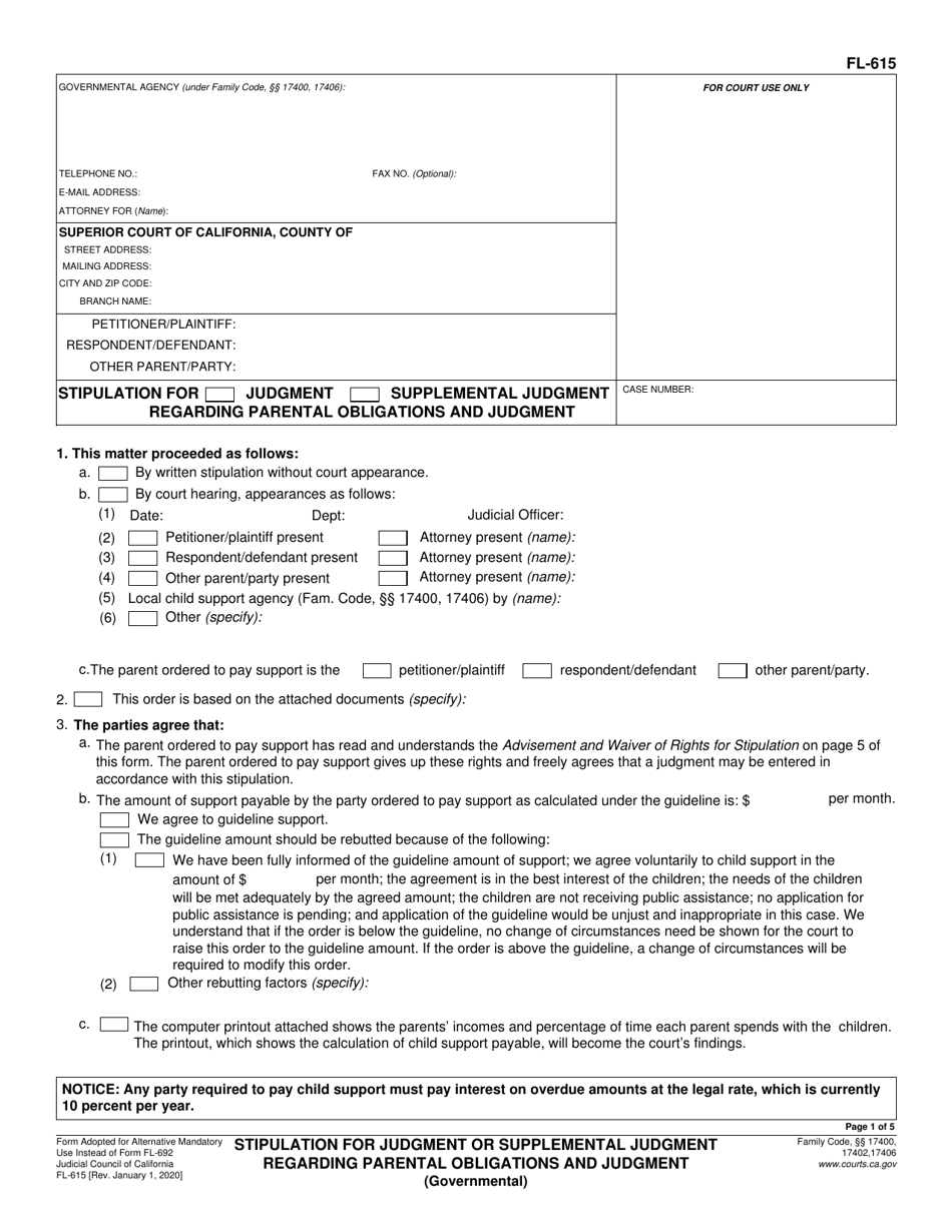 Form FL-615 Deferred Entry of Judgment Notice of Noncompliance - California, Page 1